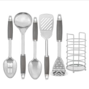 6 pc - Stainless Steel Kitchen Utensils w/ Holder / Non-Stick Silicone Handles